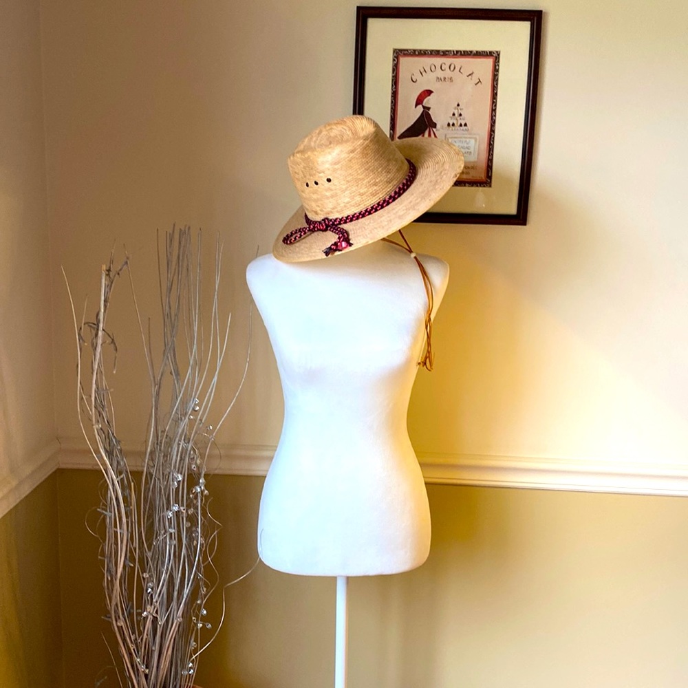 Straw Fedora Style Hat - Tan w/red & black rope headband Size 7